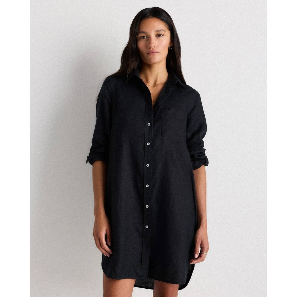 Quince European Linen Shirt Dress Black NWT Women XS Long Sleeve Mini Pocket